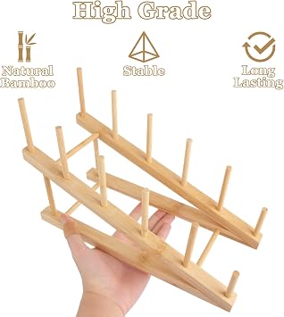 4 Pcs Bamboo Dish Racks 30 x 12 x 19 cm | Bmaboo Plate Racks with 5 Grids for kitchen Cupboard, Plates, Bowls, Cups, Pot Lids, Chopping Boards