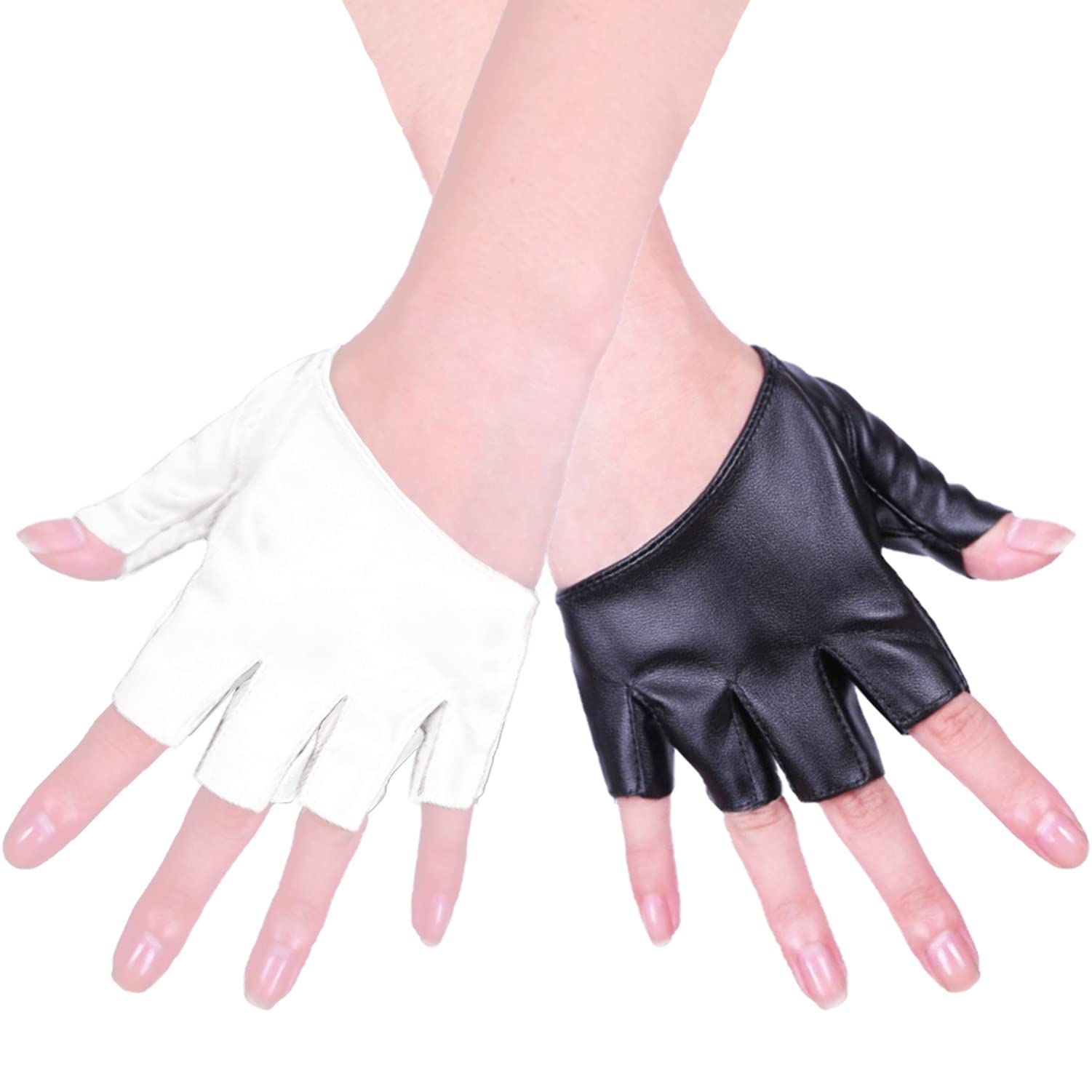 Townus 1 Pair White & Black Gloves PU Leather Anime Cosplay Fingerless Punk Mitten for Halloween Costume Dress Up Accessory