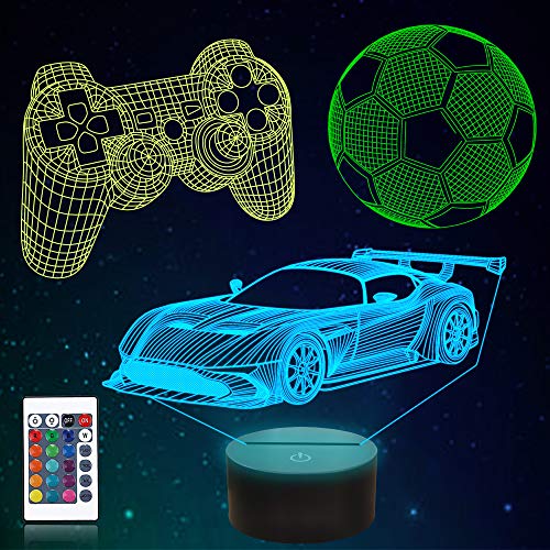 CooPark 3D Voetbalspel Raceautolamp 16 Kleuren & Afstandsbediening Optische LED Nachtlampje Nachtkastje Verlichting Geschenken Speelgoed voor Jongens Kinderen voor Verjaardag Feestdagen Kerst