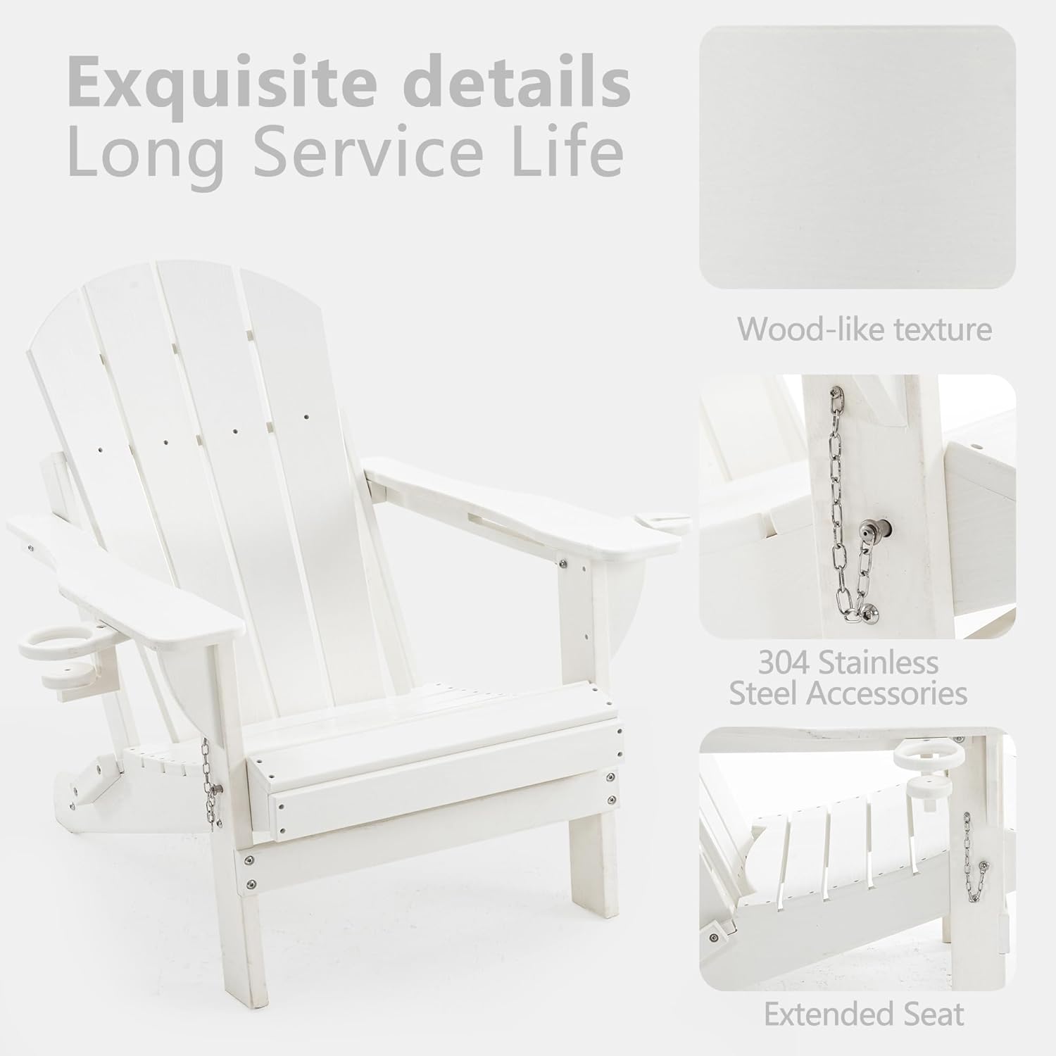4 Chairs & 2 Tables Folding Adirondack Chair Set with Table – HDPE Weatherproof Outdoor Patio Chairs with Reclining Back and Cup Holders, 2-Tier Storage End Tables for Firepit Garden(White)
