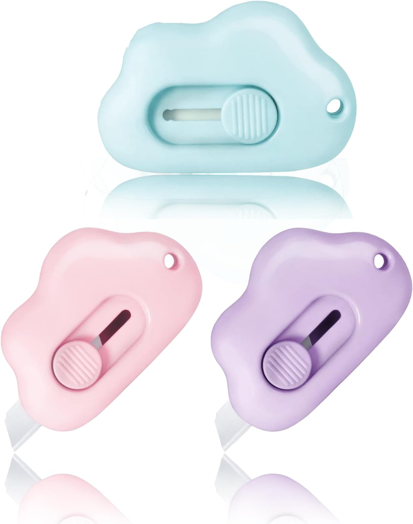 Mini Box Cutter Utility Knife Set - Cloud Retractable Opener with Keychain Hole, 3pcs (Pink Purple Blue) for Car, Office, and Cardboard. Cute & Convenient Package Opener Tool.