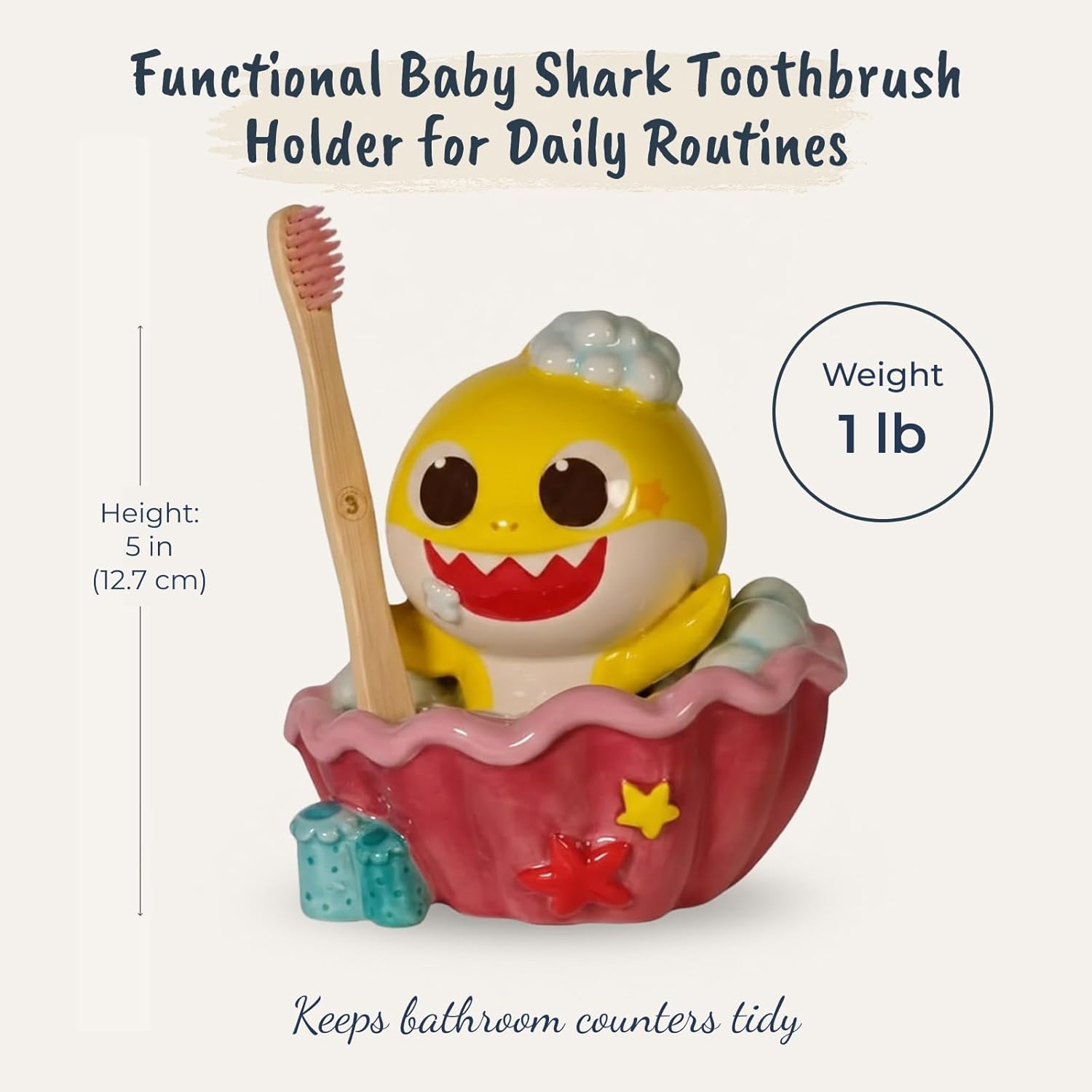 Baby Shark Tooth Brush Holder Ceramic Organizer, 5.25 x 4.825 x 5 Inches by Blue Sky Clayworks