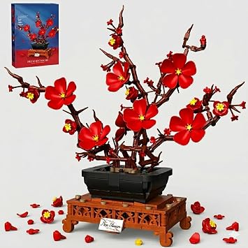 Plum Blossom Flower Building Block Set | Artificial Flower Bouquet DIY Bonsai Model for Women Adults Teens Home Office Desk Decor Gift 692 PCS