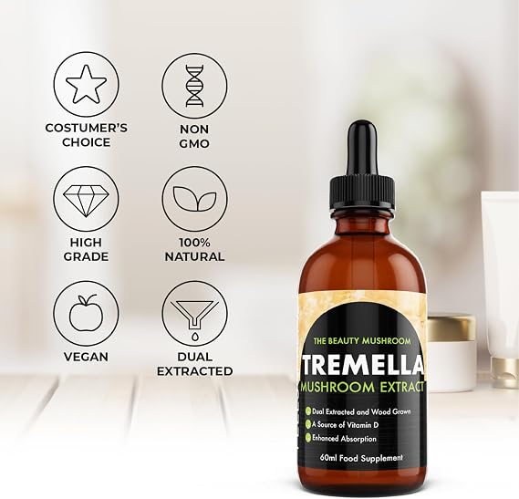 Tremella Mushroom Extract Liquid 60ml - 10:1 Dual Extract Supplement - Skin Hydration, Skin Health & Antioxidant Support - Mushroom Supplement for Men & Women - Vegan Tincture