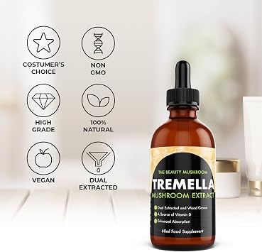Tremella Mushroom Extract Liquid 60ml - 10:1 Dual Extract Supplement - Skin Hydration, Skin Health & Antioxidant Support - Mushroom Supplement for Men & Women - Vegan Tincture