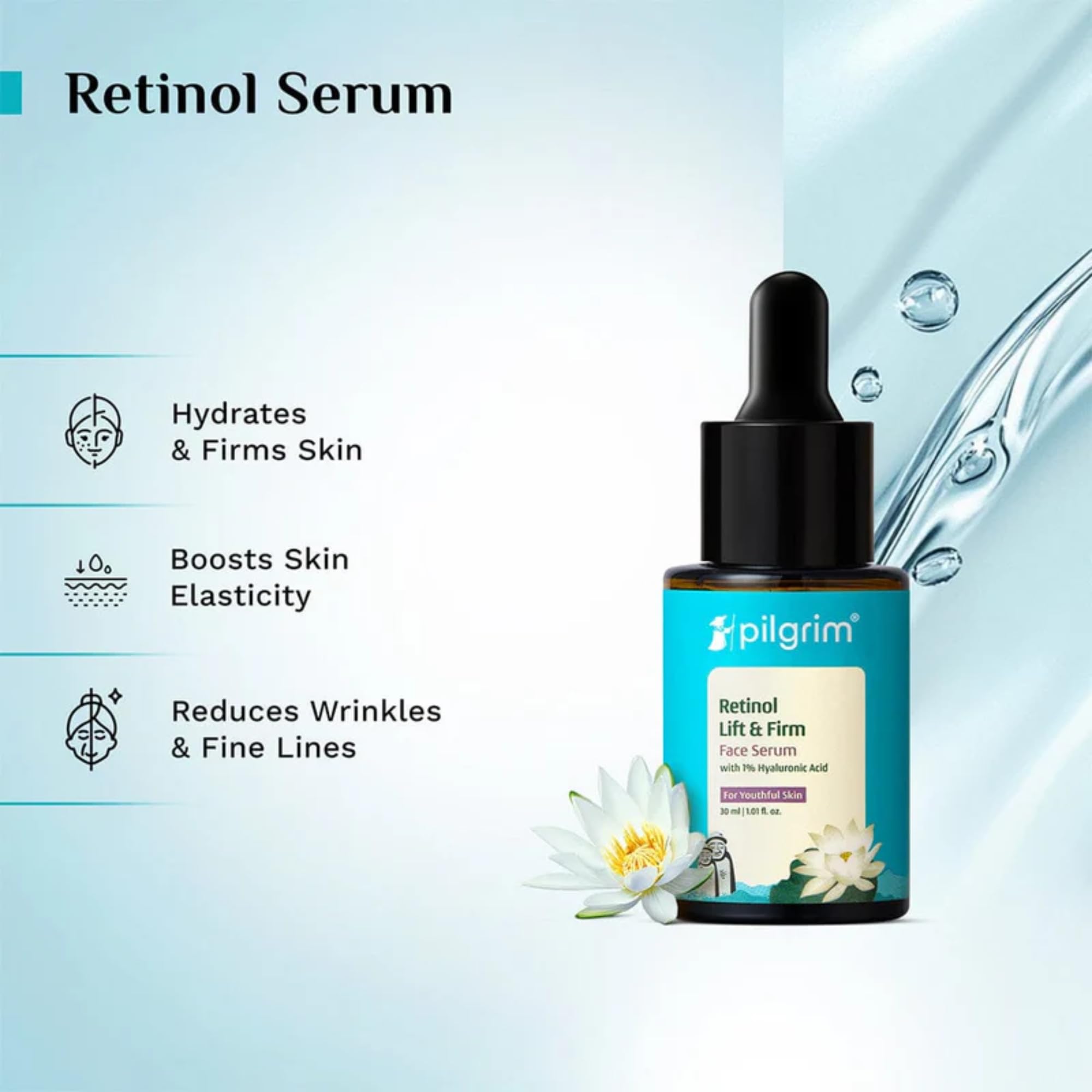 PILGRIM Korean 0.5% Retinol & 1% Hyaluronic Acid Lift & Firm Anti Aging Serum Retinol serum for face Reduce Fine Lines & Wrinkles for Men & Women All Skin Types 30ml