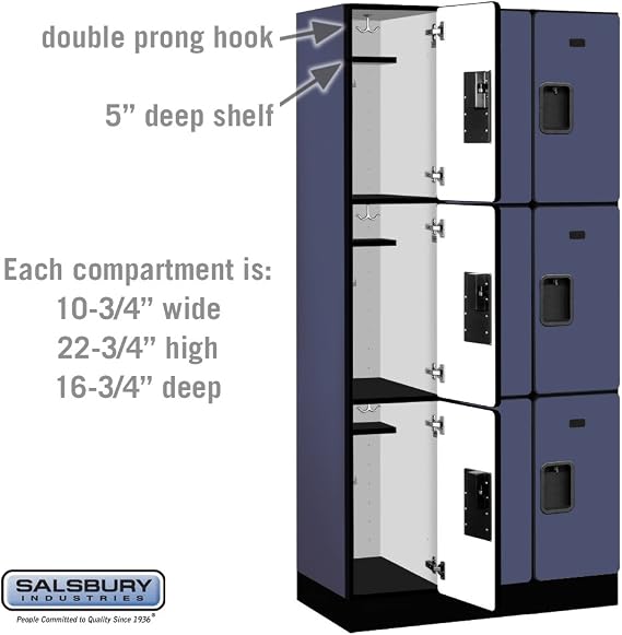 Salsbury Industries 3-Tier Designer Wood Locker with Three Wide Storage Units, 6-Feet High by 18-Inch Deep, Blue