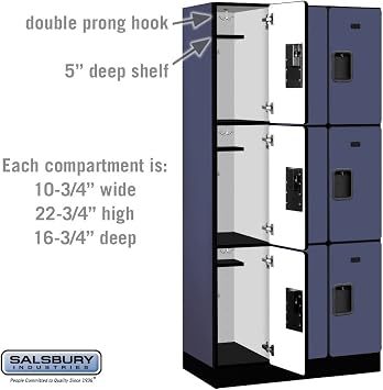 Salsbury Industries 3-Tier Designer Wood Locker with Three Wide Storage Units, 6-Feet High by 18-Inch Deep, Blue