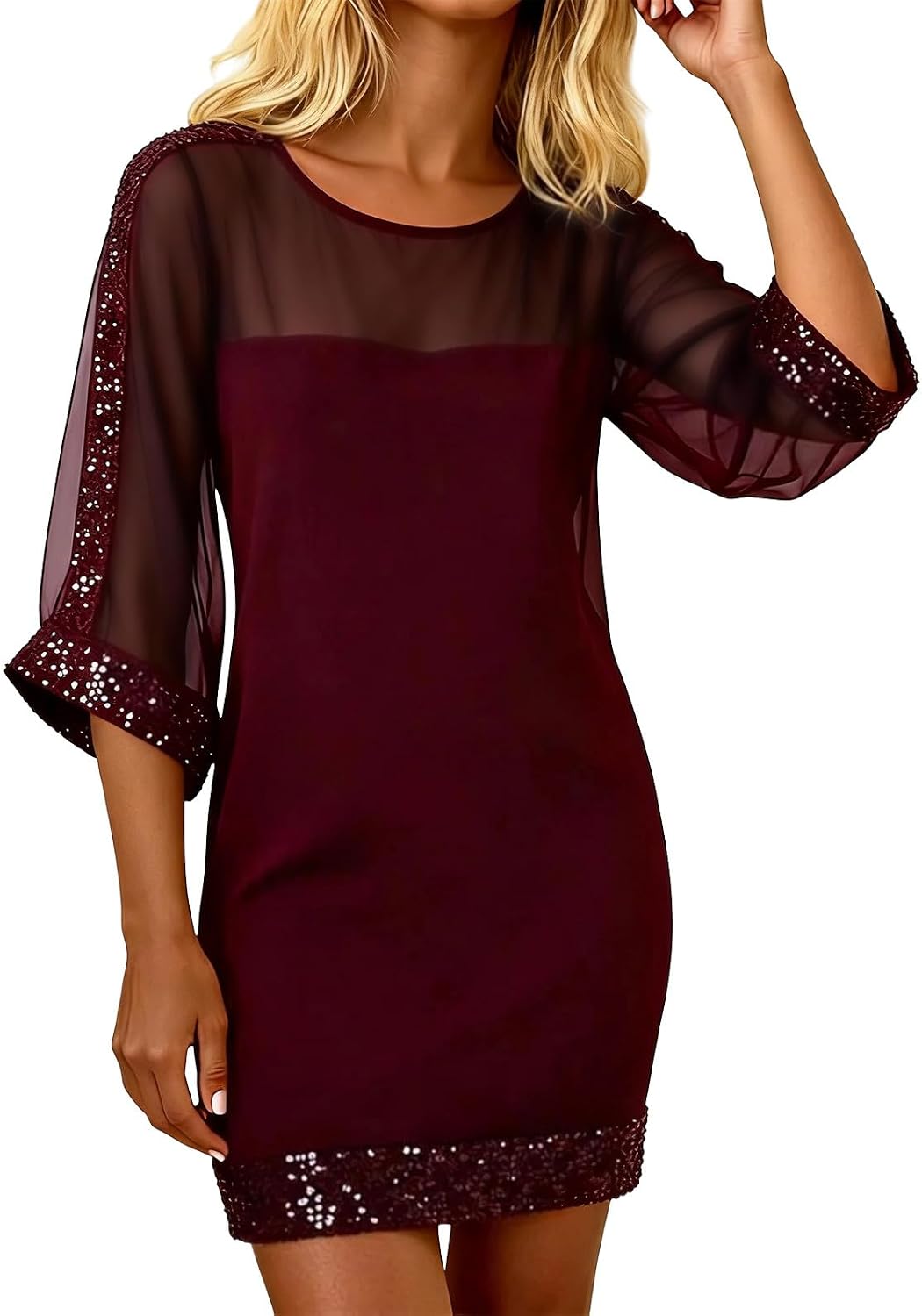 Women's Sequin Mini Dress Mesh 3/4 Sleeve Round Neck Patchwork Cocktail Party Club Dresses Summer Spring Clothing