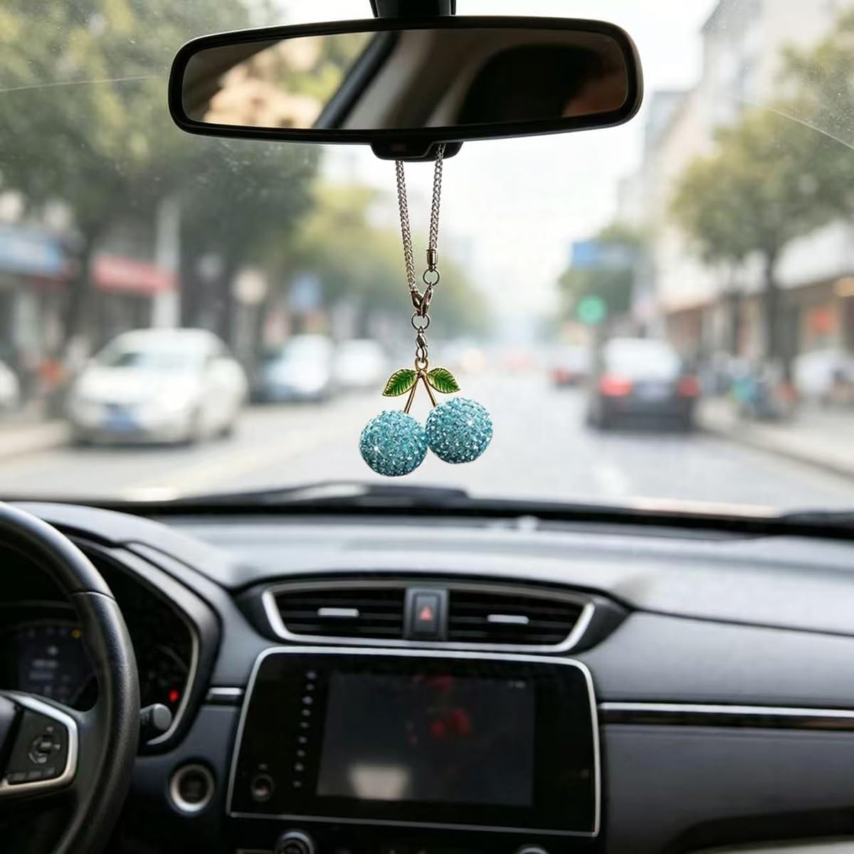 Bling Cherry Car Hanging Ornament, Cute Crystal Rear View Mirror Pendant, Sparkly Diamond Rearview Mirror Charms, Lucky Car Interior Decor Accessories for Women (Blue Cherry) image 2