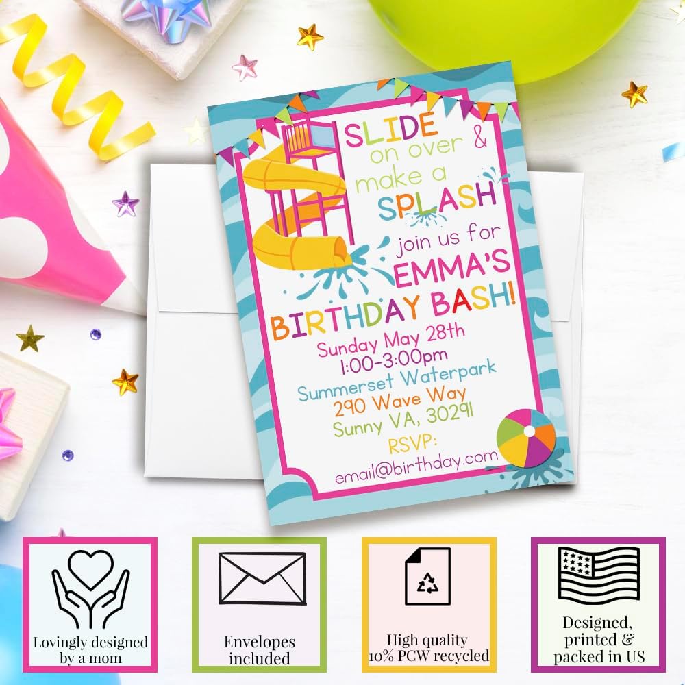 Custom Birthday Invitations Waterslide Girls Party Invitations 20 5x7 Custom Girl Waterslide Summer Fun Birthday Invitation Cards With Envelopes - Unique Summer Party Invites