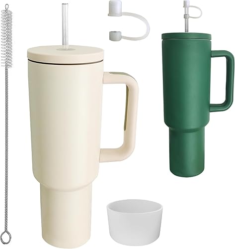 Vaso de 40 onzas con popote y accesorios, base de silicona, a prueba de fugas, enfriador con tapa para popote y cepillo, vaso aislado con asa, taza