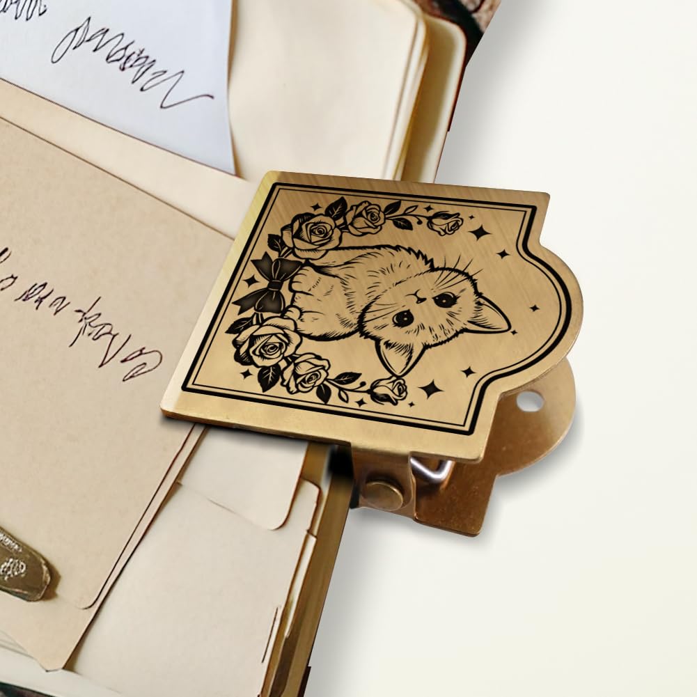 ANATTASOUL Brass Travel Notebook Journal Clip Cute Cats and Flowers Book Binder Clip Metal Vintage, 1.8"x1.6" Decorative Heavy Duty Gold Page Holder Clamps for Book, Paper, Bookmark, Accessories, Gift