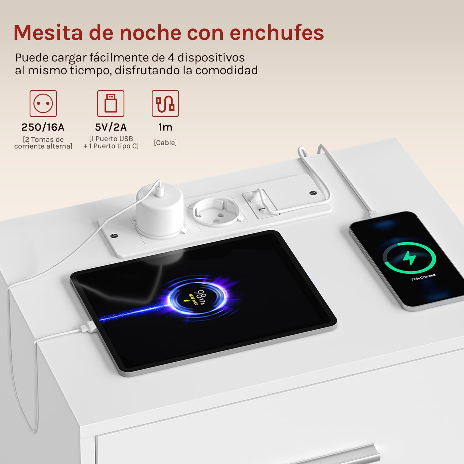 WOLTU Mesitas de Noche, Mesas de Centro con Enchufes, Mesitas de 3 Cajones, Mesillas de Noche para Dormitorio, Salón y Estudio, Blanca, MDF, 39x28,5x54,5 cm
