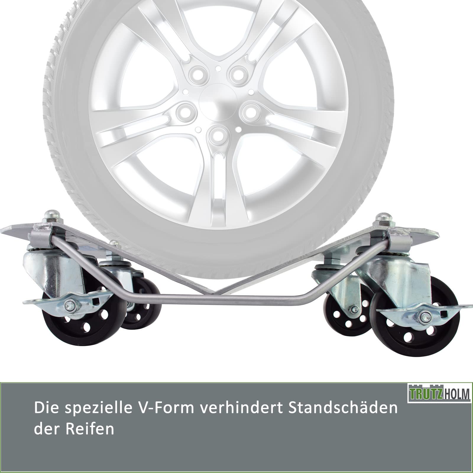 TRUTZHOLM Rangierhilfe für PKW 4 Stück jeweils 680 kg Rangierroller insgesamt 2720 kg belastbar V Form Schwenkgriff 360° drehbar Auto PKW SUV Reifenwagen Reifenhalter