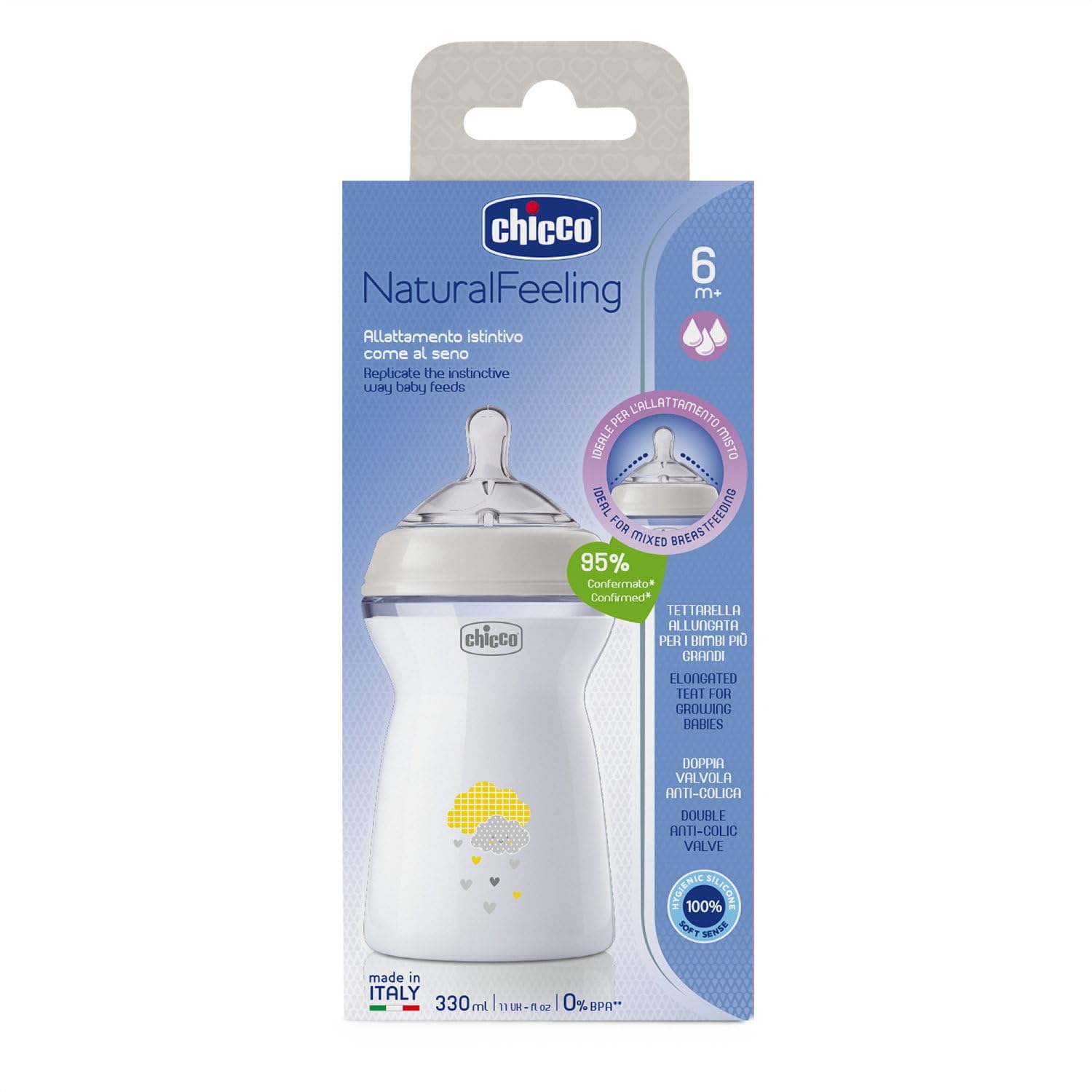 Chicco Biberón Anticolico Natural Feeling, Biberones Anticolicos Bebé 6 Meses+, Biberón Bebé 330 ml de Silicona, Flujo Rápido, Pack 2 Unidades, Azul y Neutro