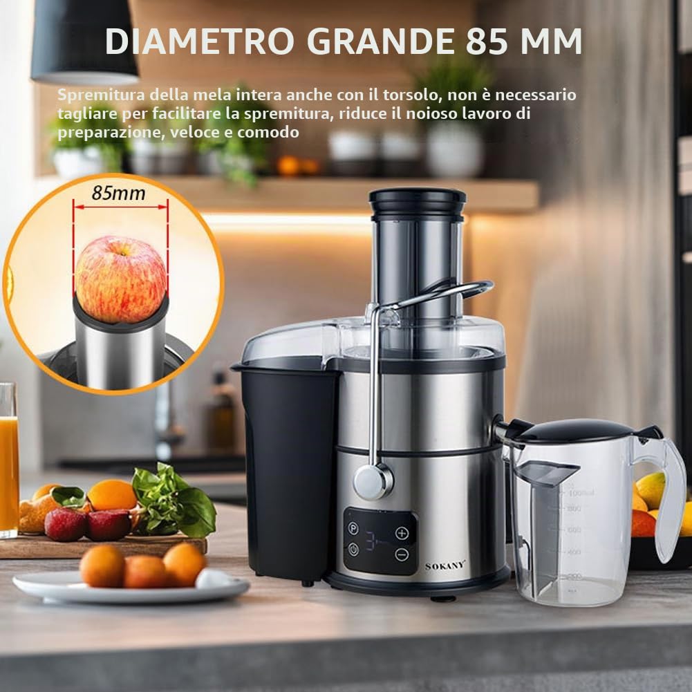 SOKANY Estrattore di succo centrifugo 1200W Centrifuga Frutta e Legumi Touch Screen LCD Juicer Rapida con Efficienza di Succo Ottimizzata, Acciaio Inossidabile, 2 Velocità, 85 mm Bocca larga SK-03014