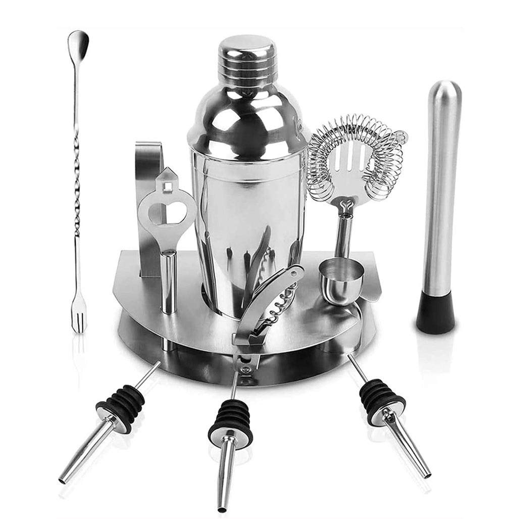 Cocktail Shaker Set Bartender Kit, kit de barra de 12 piezas, coctelera de martini, cuchara de mezcla, doble jigger, vertederos de licor, muddler, colador y pinzas de hielo, herramientas de conj