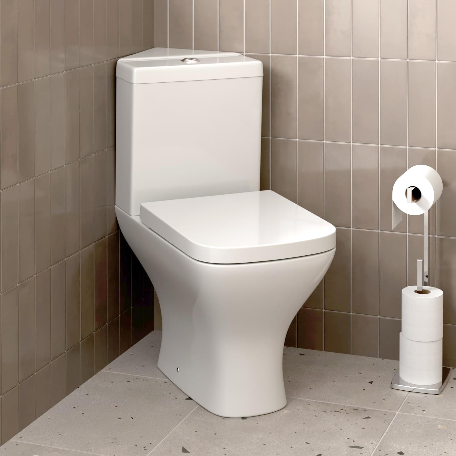 Affine® Marseille Modern Bathrioom Cloakroom Close Coupled Corner Toilet Short Projection WC Toilets Soft Close Seat Dual Flush Cistern Square Pan, White Gloss