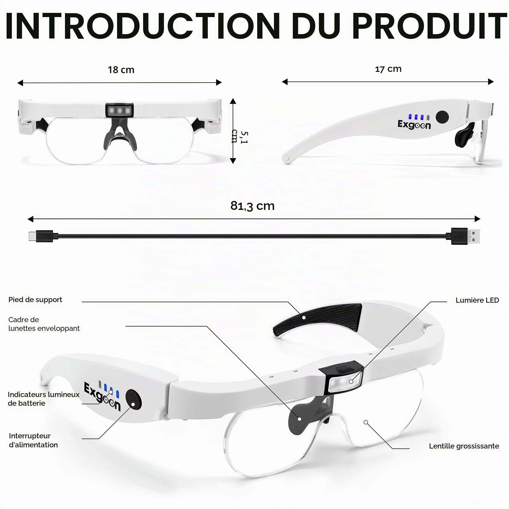 Loupe avec lumière, loupe 1,5X à 5X avec 4 lentilles détachables, Mains Libres Rechargeable, loupe Bandeau pour travaux rapprochés, Loisirs, travaux manuels, Bijoux (Blanc)