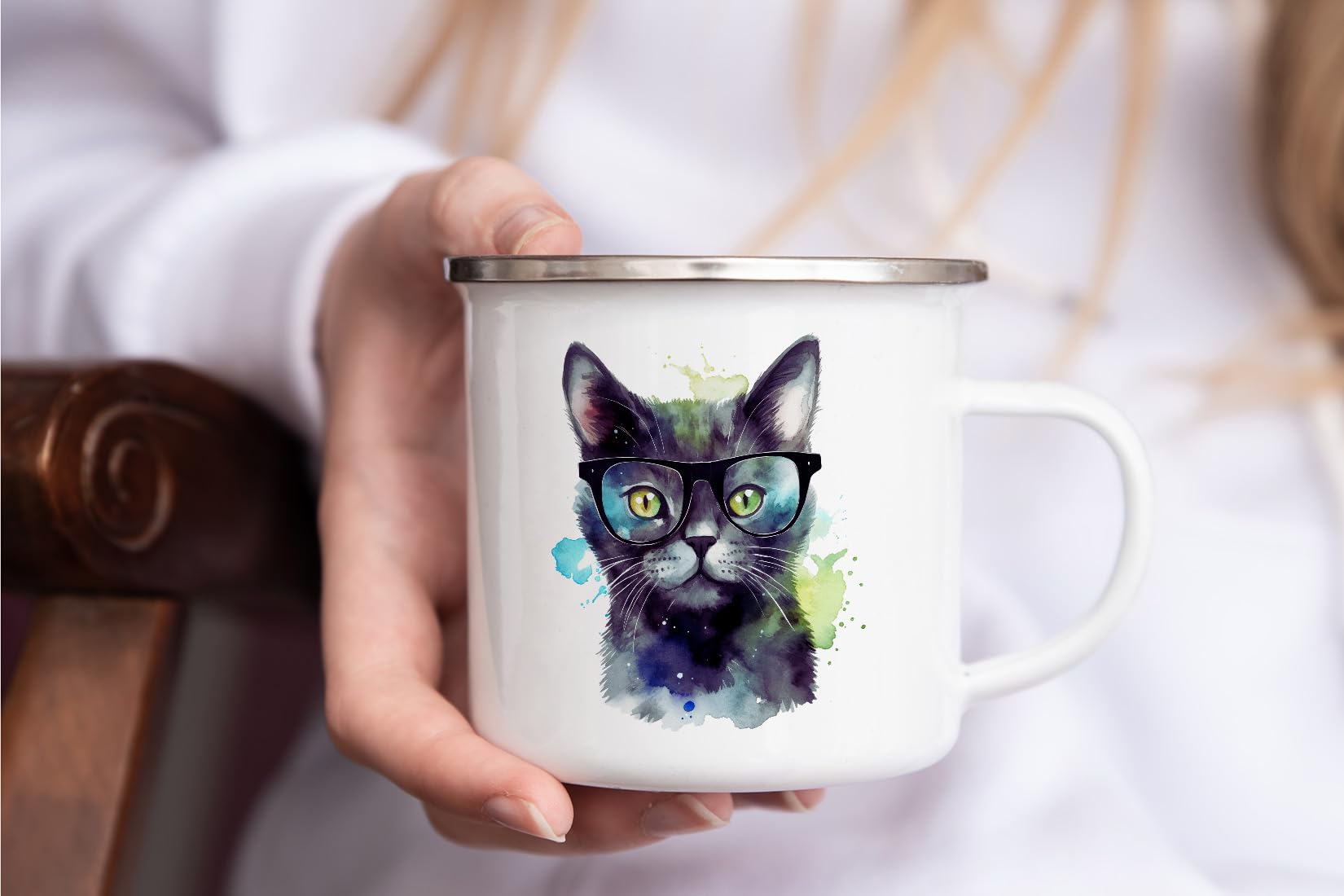 MAXIKIWI - Tazza da campeggio smaltata resistente per caffè o tè per uso interno ed esterno - Acquerello con fiori di gatto fatato - 350 ml
