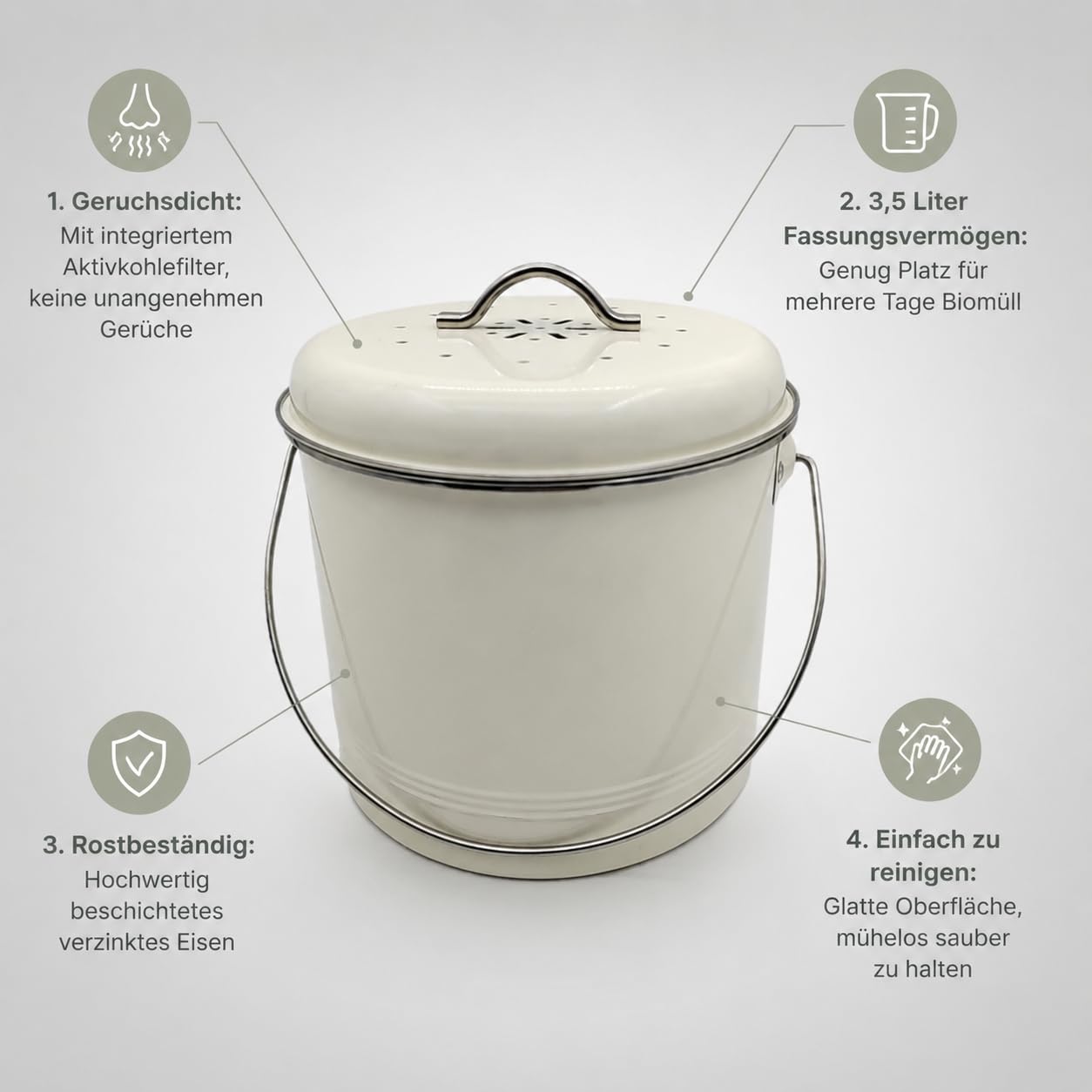 [Ellniges] Komposteimer Küche3,5 L Geruchsdicht aus verzinktem Eisen mit Aktivkohlefilter für Biomüll Spezifikationen: 19*H20,5
