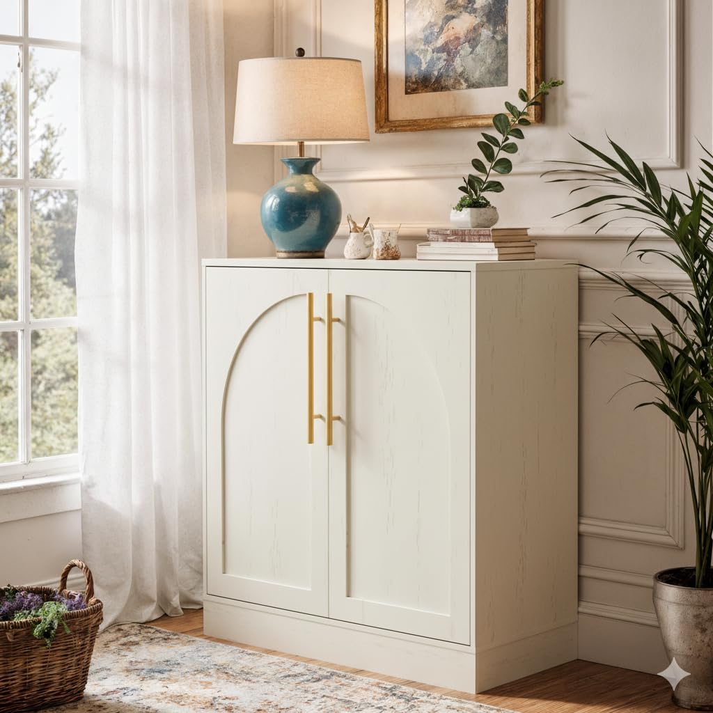 Anbuy Storage Cabinet, Freestanding Sideboard Buffet Cabinet with Arched Design, Adjustable Shelves Wooden Cabinet Ideal for Coffee Bar, Living Room (Oak, Set of 2)