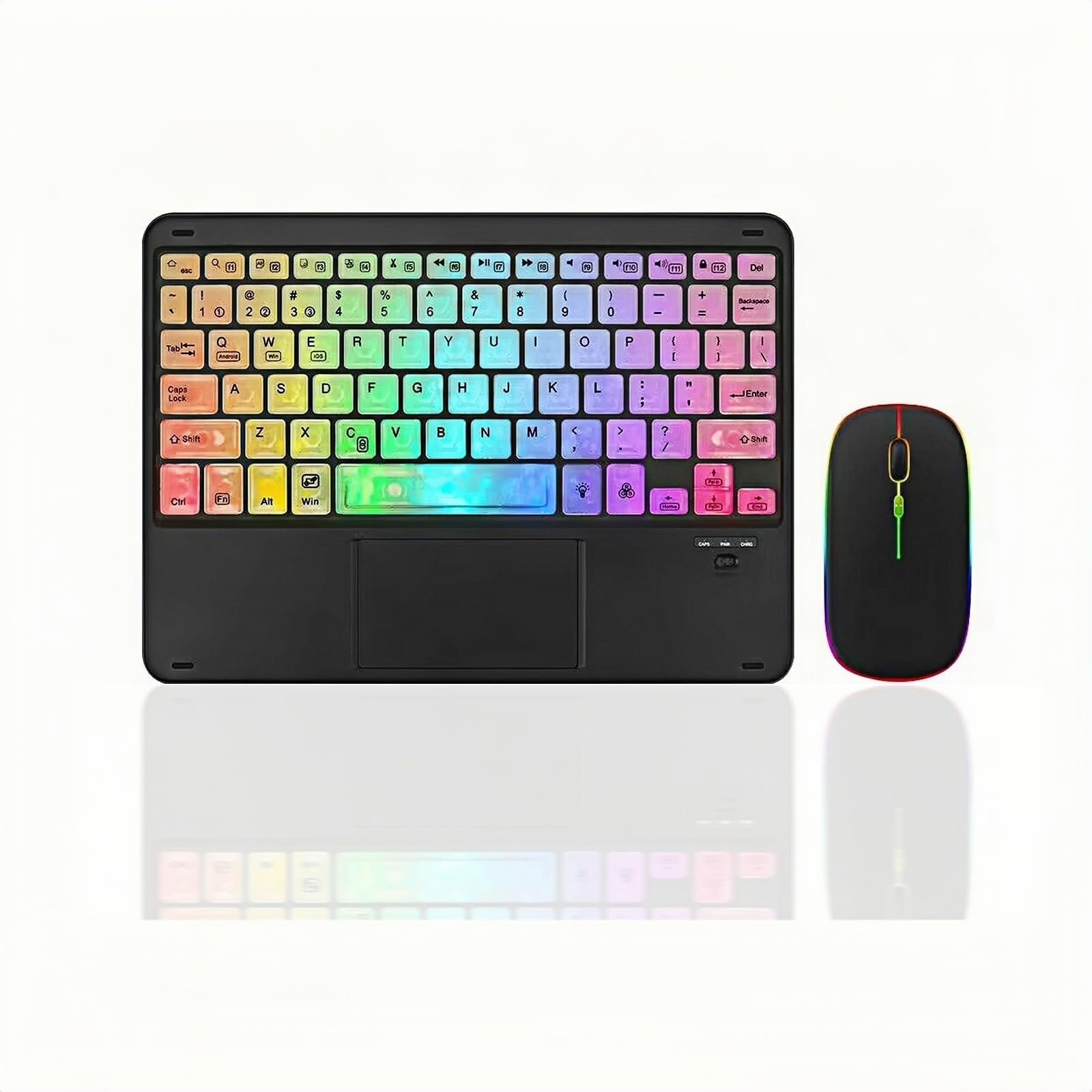 7-Color Backlit Ultra-Slim Transparent Bluetooth Keyboard with Built-in Touchpad and Mouse Portable Mini Rechargeable for Apple iPad iPhone Samsung Tablet iPhone Smartphone iOS Android Windows-Black