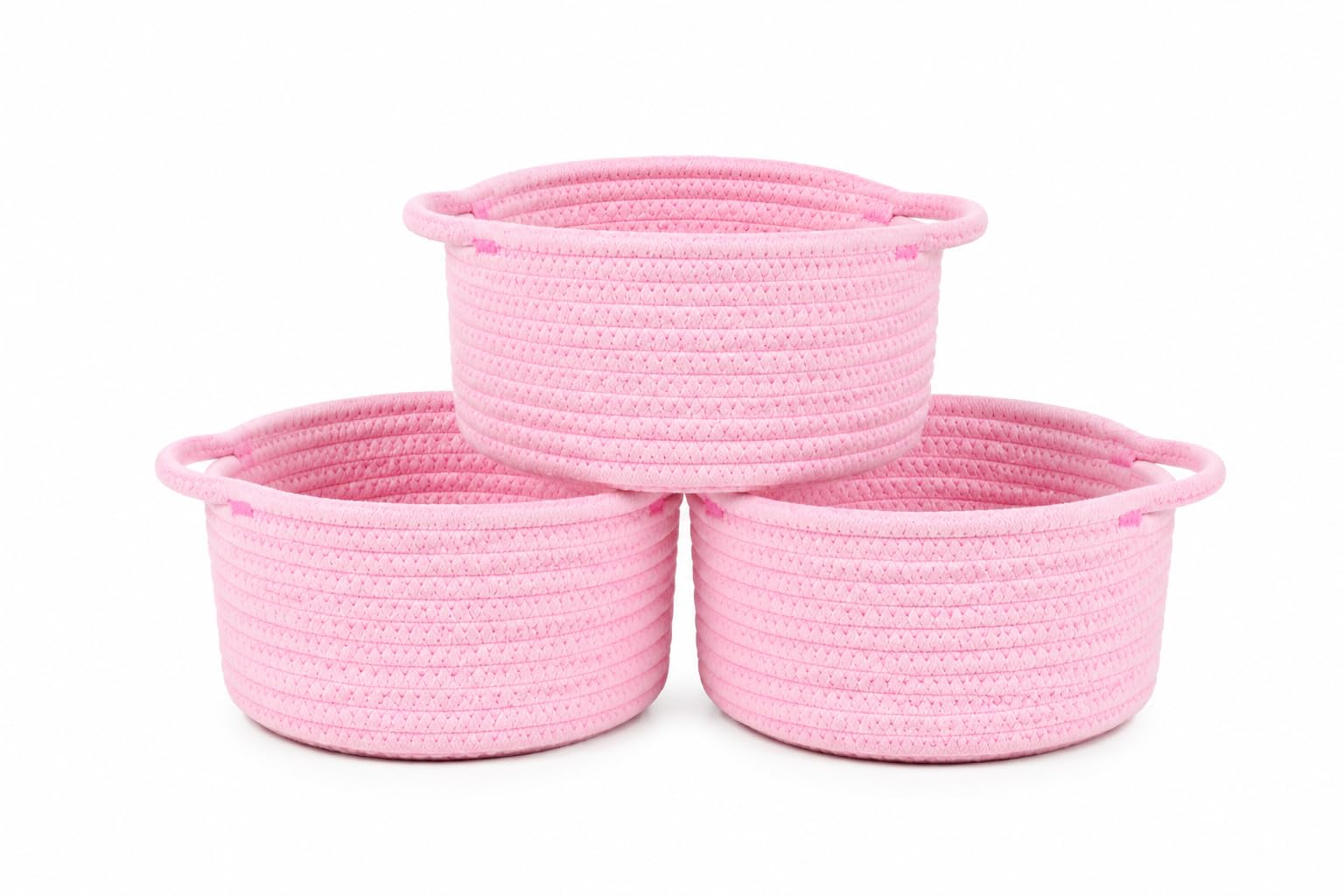 Small Woven Cotton Rope Baskets with Handles, Set of 3, Pink