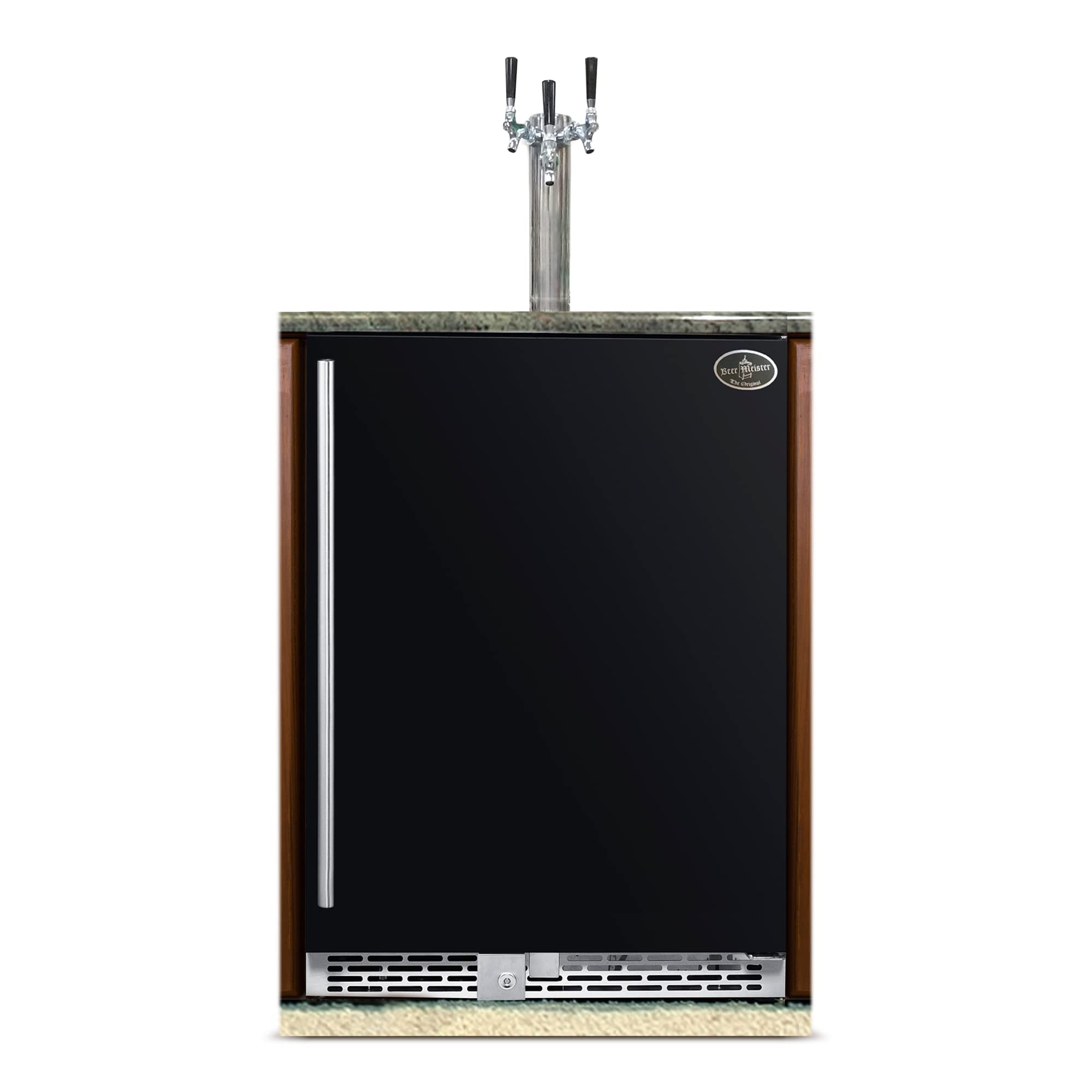 Beer Meister - Beer Kegerator, Draft Beer Dispenser For Home Bar, Beer, Wine, & Bar Soda Dispenser System, Triple Tower w/Black Stainless Door, Built-in Premium Series, 24.88 x 23.88 x 34.38 inches | Fridge.com