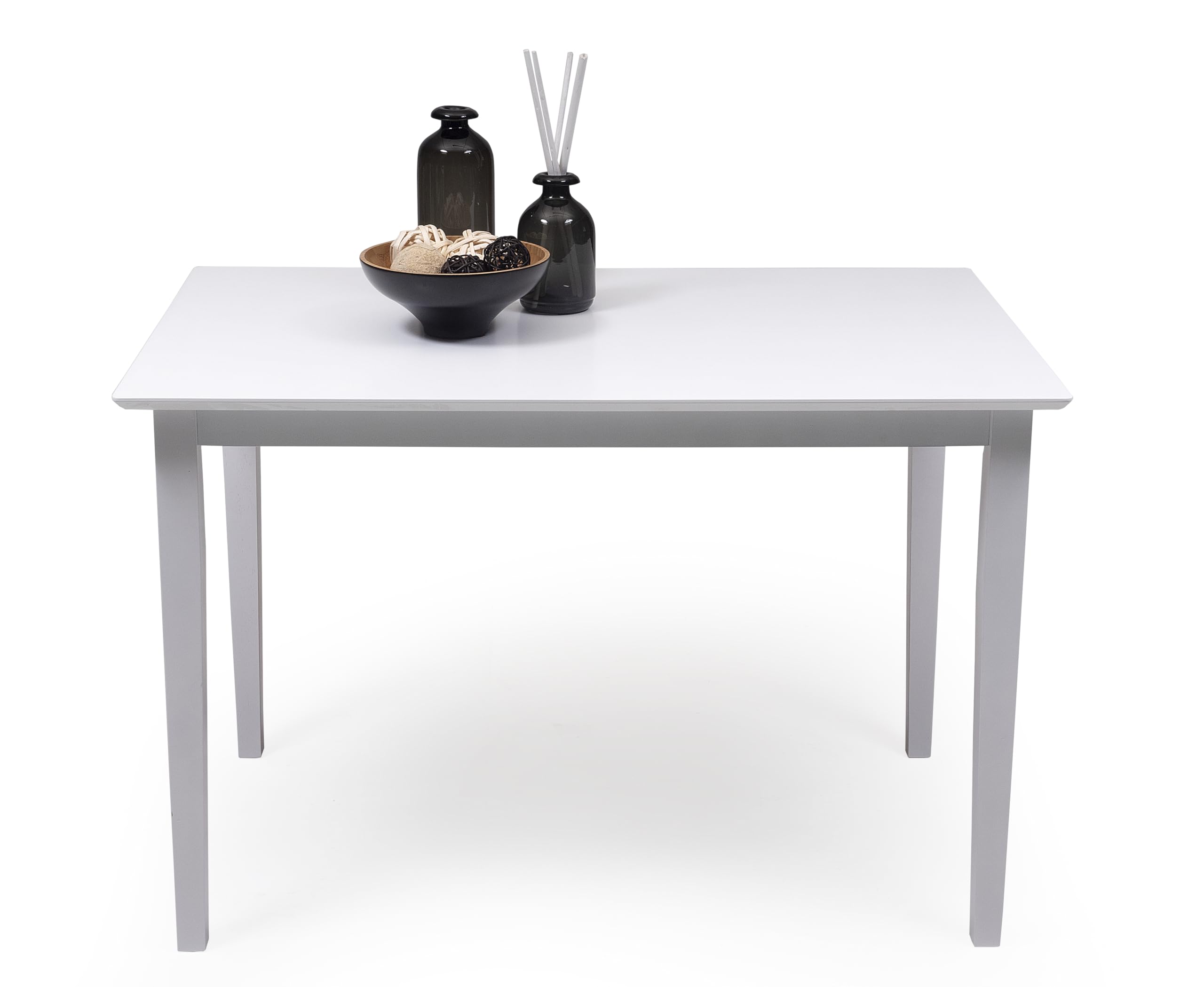 Homely - Conjunto de Comedor Kansas & Dallas White Mesa de Comedor de Madera lacada en Blanco de 112x72 cm y 4 sillas de Comedor de Madera lacadas en Blanco y Asiento tapizado de Tela Gris