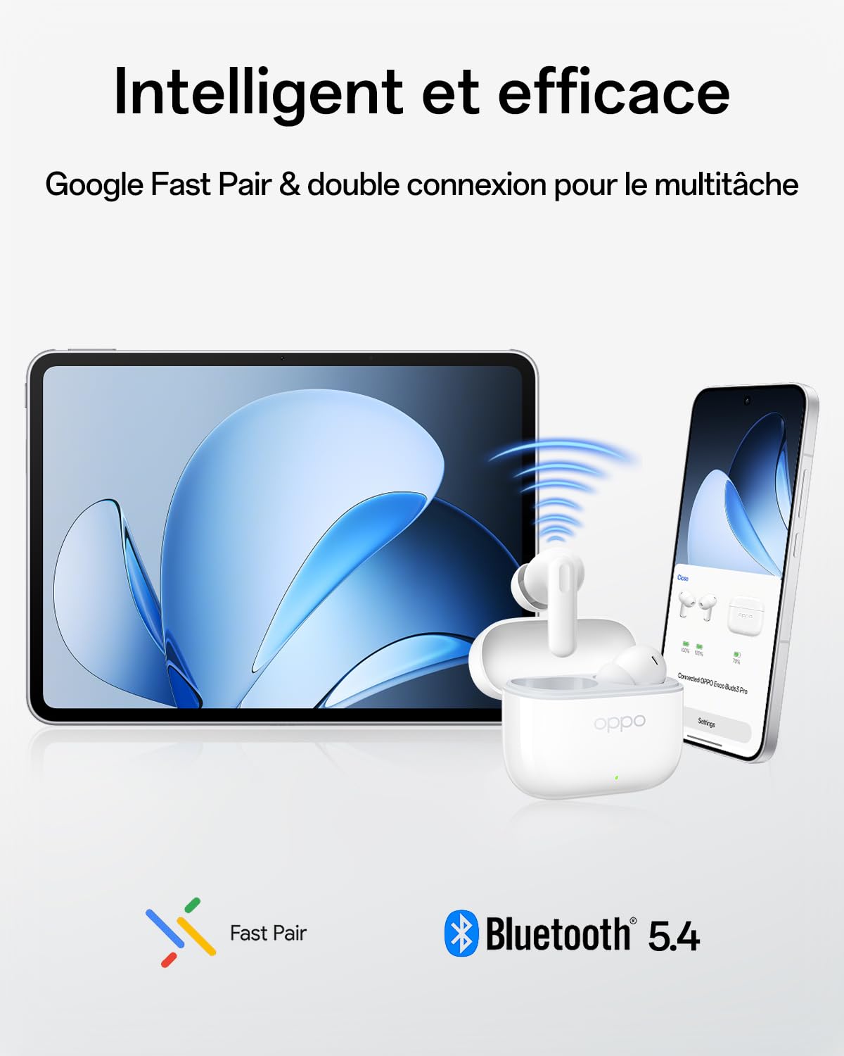 OPPO Enco Buds3 Pro Écouteurs sans Fil véritables, Casque stéréo Intra-Auriculaires Bluetooth 5.4, Basses Profondes, réduction de Bruit, 54h d'écoute, Pilote Dynamique de 12,4 mm, IP55, White