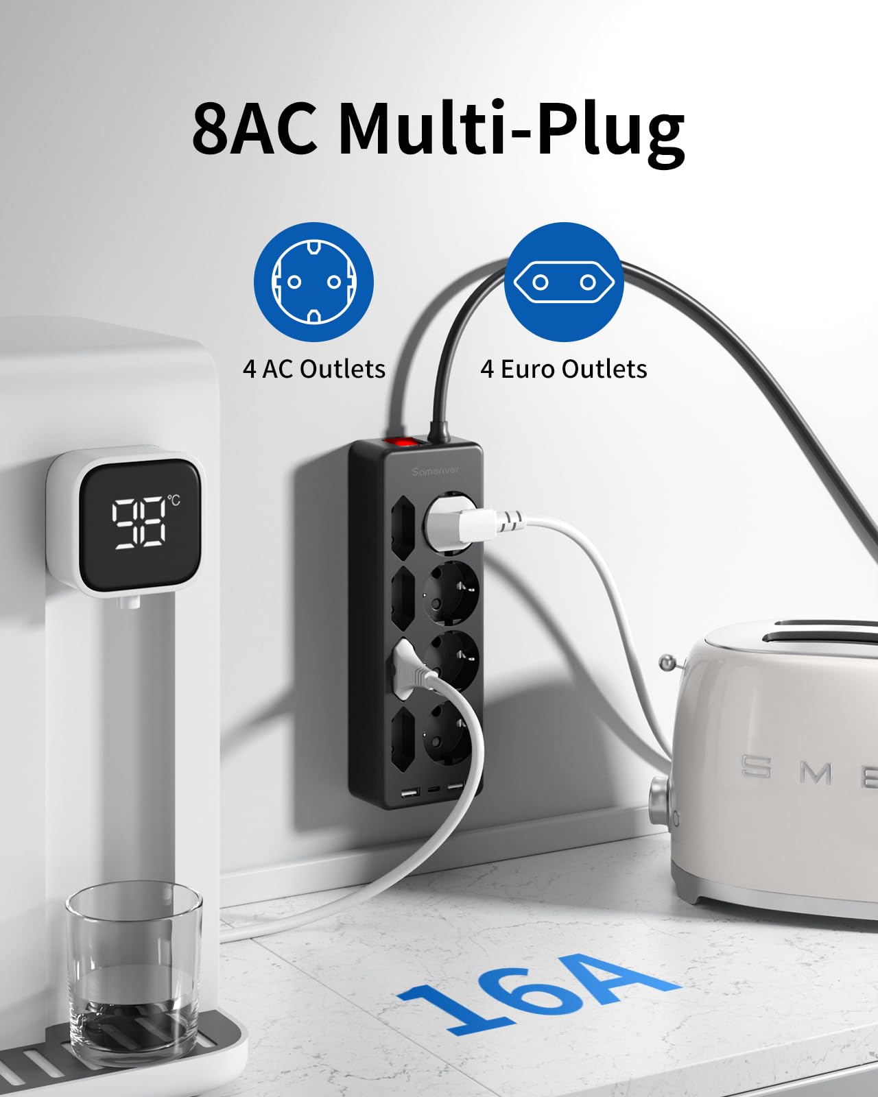 Ciabatta Elettrica Multipresa USB, 8 prese di Corrente e 3 USB, Striscia di Alimentazione Protetta da Sovratensione, presa di da 2 M con Interruttore per Scrivania, Ufficio, Casa, Nero F(Schuko)