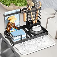 ADERTOS Organizzatore per Lavello da Cucina in Acciaio al Carbonio Portautensili per Lavello con Porta Spugne e Vassoio Anti Goccia Porta Stracci Accessori per Cucina e Bagno (Nero)