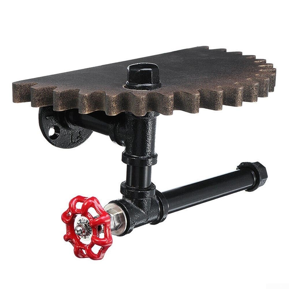 Estante de pared circular industrial rústico con soporte de tubería y función de engranaje de madera para organización de papel higiénico y toallas (B)