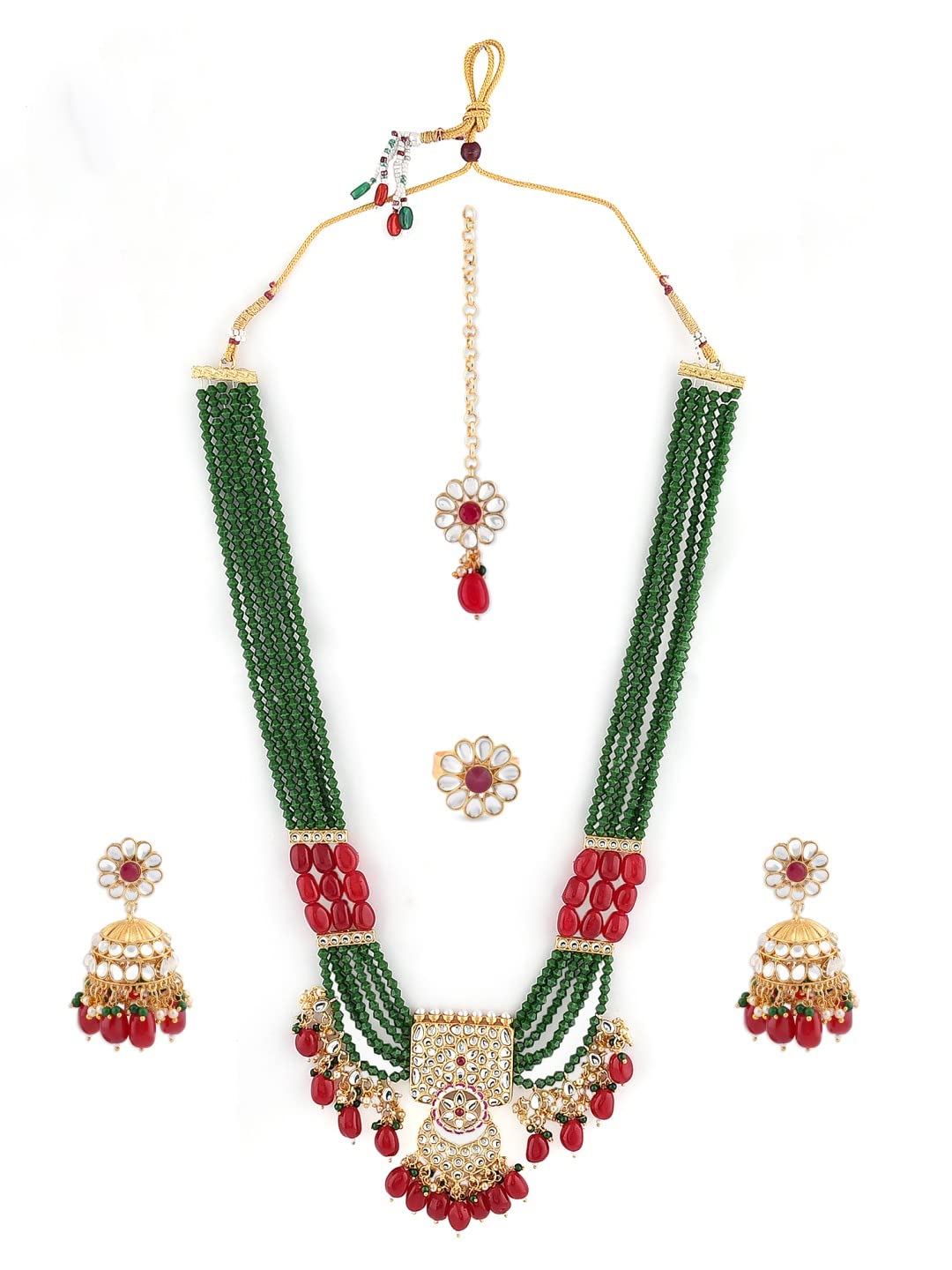 Green Maroon Multistrand Necklace Earring Maangtikka & Ring Set For Women-ZPFK11455