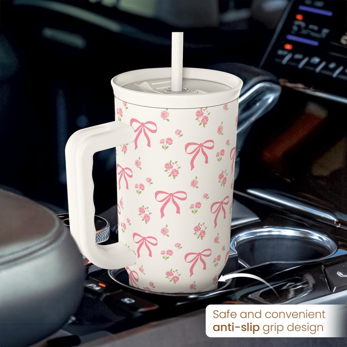 SANDJEST Bow Tumbler with Handle 40oz, Stainless Steel Insulated Tumblers Coffee Travel Cup with Slider Straw Lid, Gifts for Women Teen Girls Birthday - Image 6