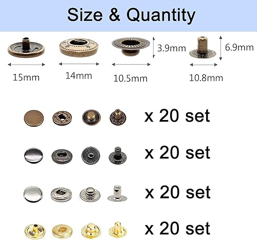 Miniatura 5 de BetterJonny - Juego de 80 cierres a presión de cuero, botones a presión de metal de 0.59 pulgadas (0.591 in) con 4 herramientas de ajuste para ropa,