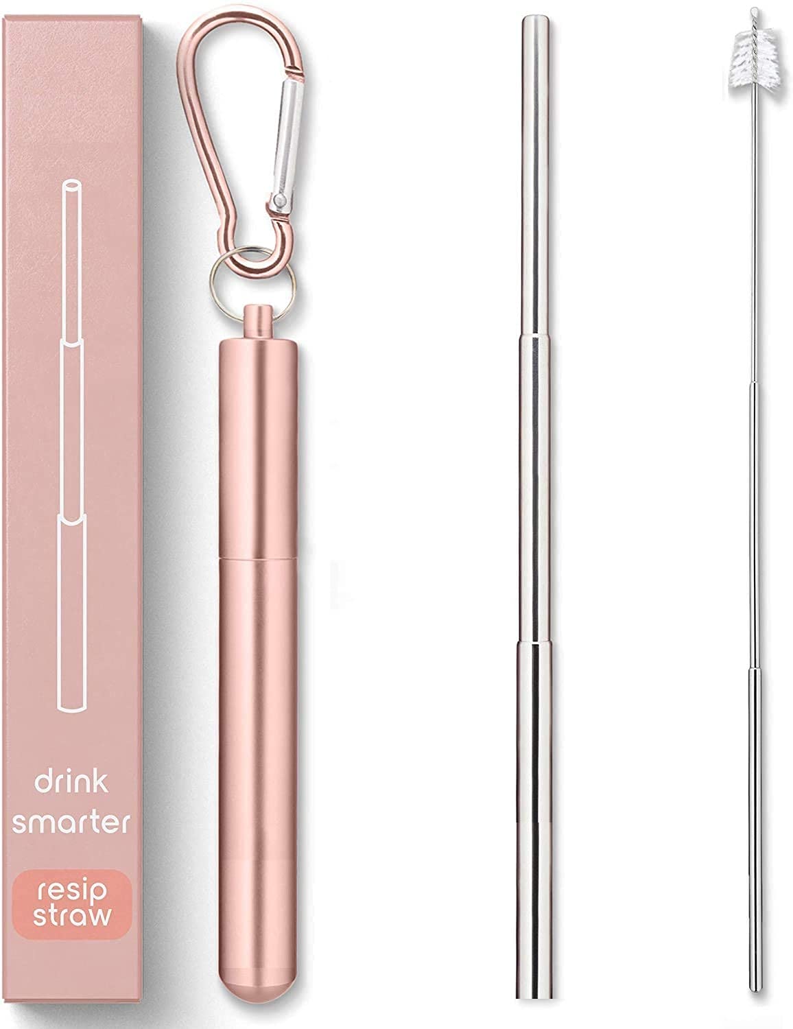 ANABGI Portable Reusable Drinking Straws with case| Collapsible & Foldable Telescopic Stainless Steel Metal Straw Dispenser | Long Cleaning Brush | Travel case Rose Gold with Hook- Pack of 1 Pcs