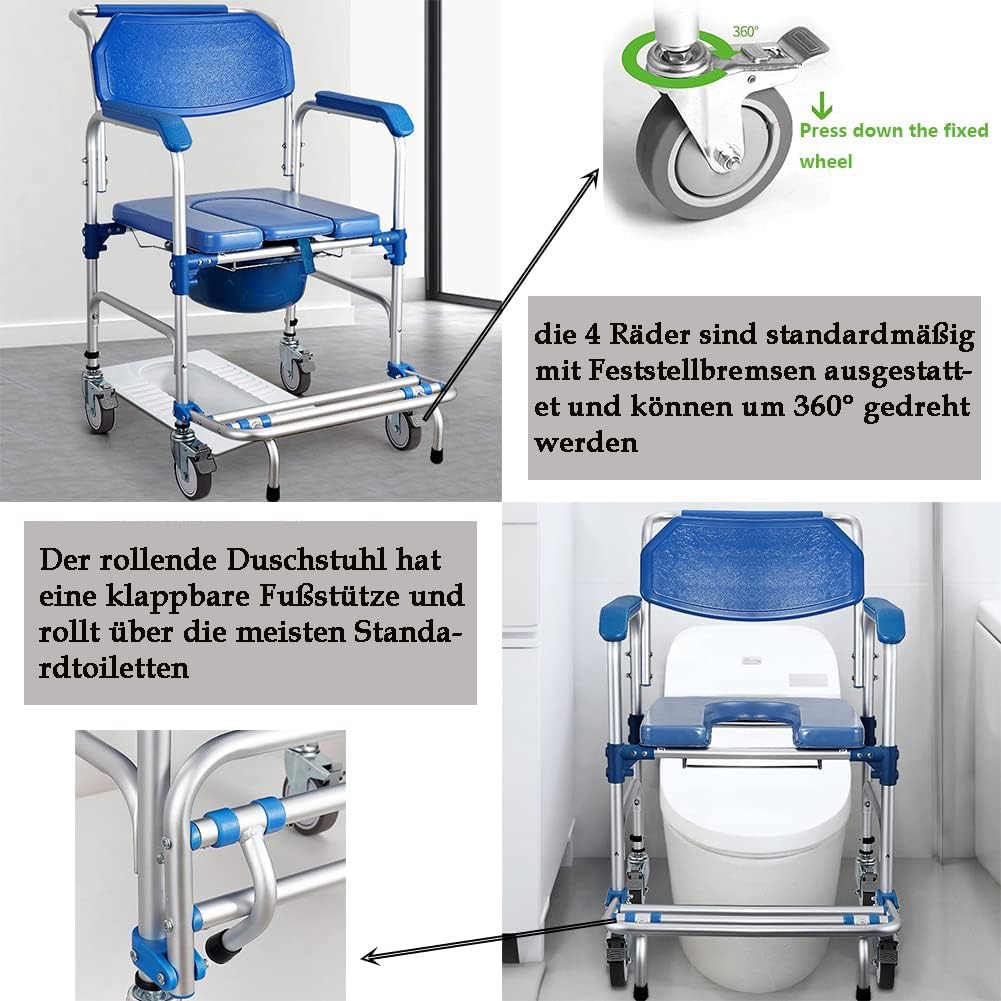 Sedia per WC mobile con braccioli e schienale, sedia da doccia con ruote per anziani e disabili, fino a 150 kg
