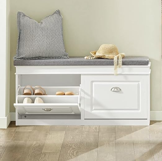 Haotian FSR64W, White Shoe Storage Bench with 2 Flip Drawers & Padded