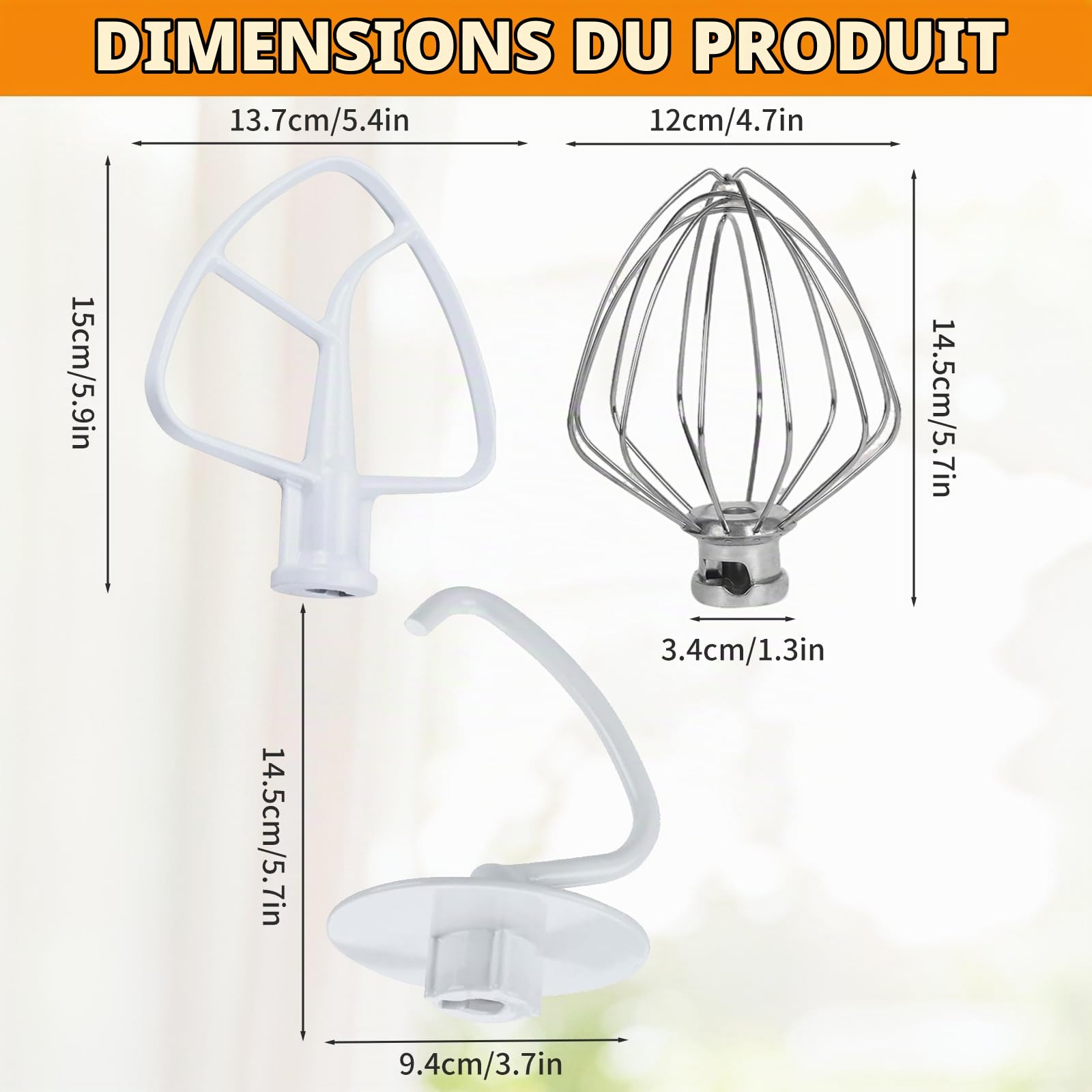 3PCS Fouet à Mousse et Batteur Plat Flexible et Crochet Pétrisseur pour kitchen-a-i-d 4,5 à 5 quart Artisan & Classic Series