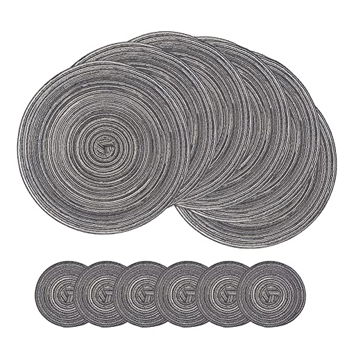 SCF2017 Round Woven 12Pcs Cotton Placemats, Heat Resistant Washable 30cm Table Mats and 11cm Coasters,Black