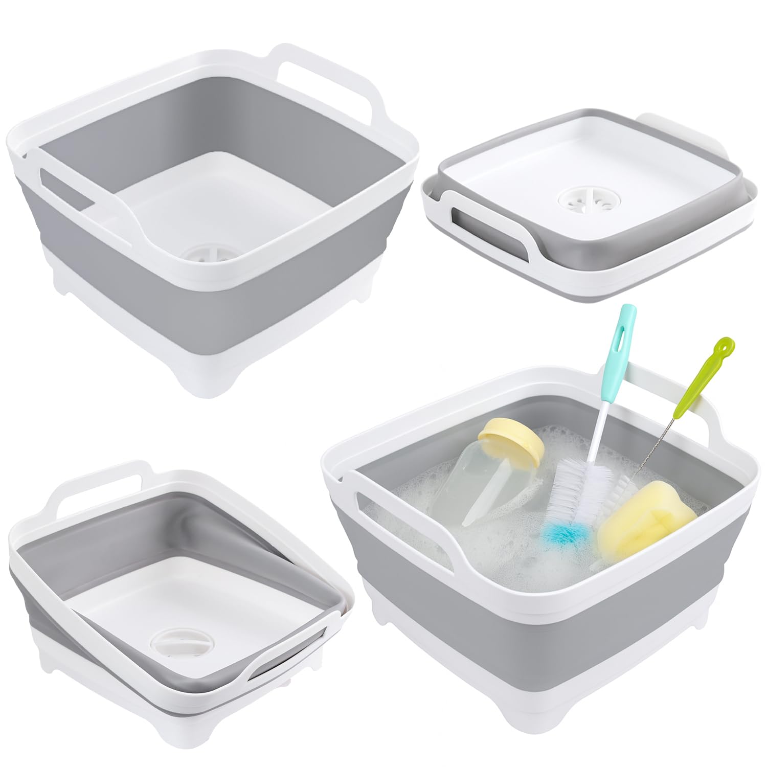 Collapsible Dish Basin, Aertiavty 2 Pack Collapsible Bottle Washing Basin Dish Pans for Kitchen Sink 2.4Gal Plastic Silicone Wash Tub with Drain for Camping, RV, Foldable Wash Basin Space saving