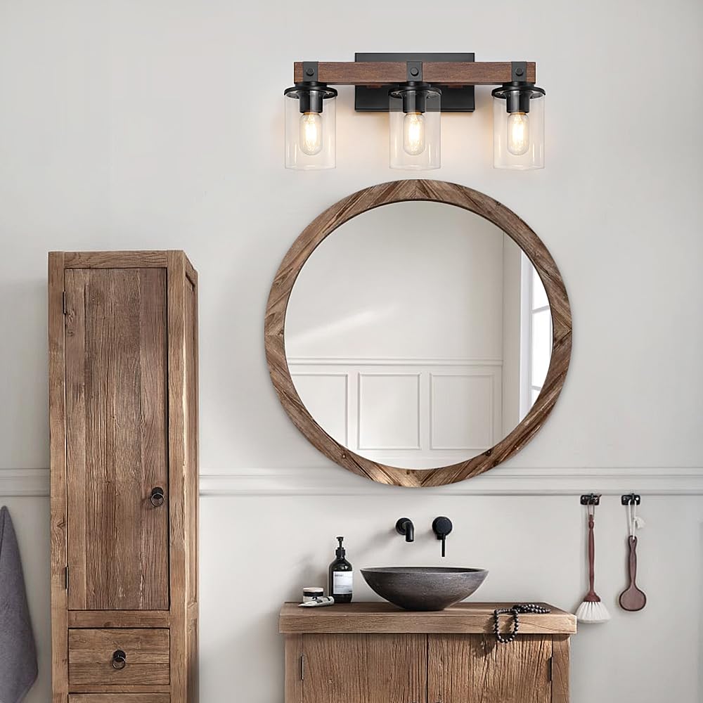 Farmhouse Wood Vanity Light, 3-Light Rustic Bathroom Light Fixtures ...