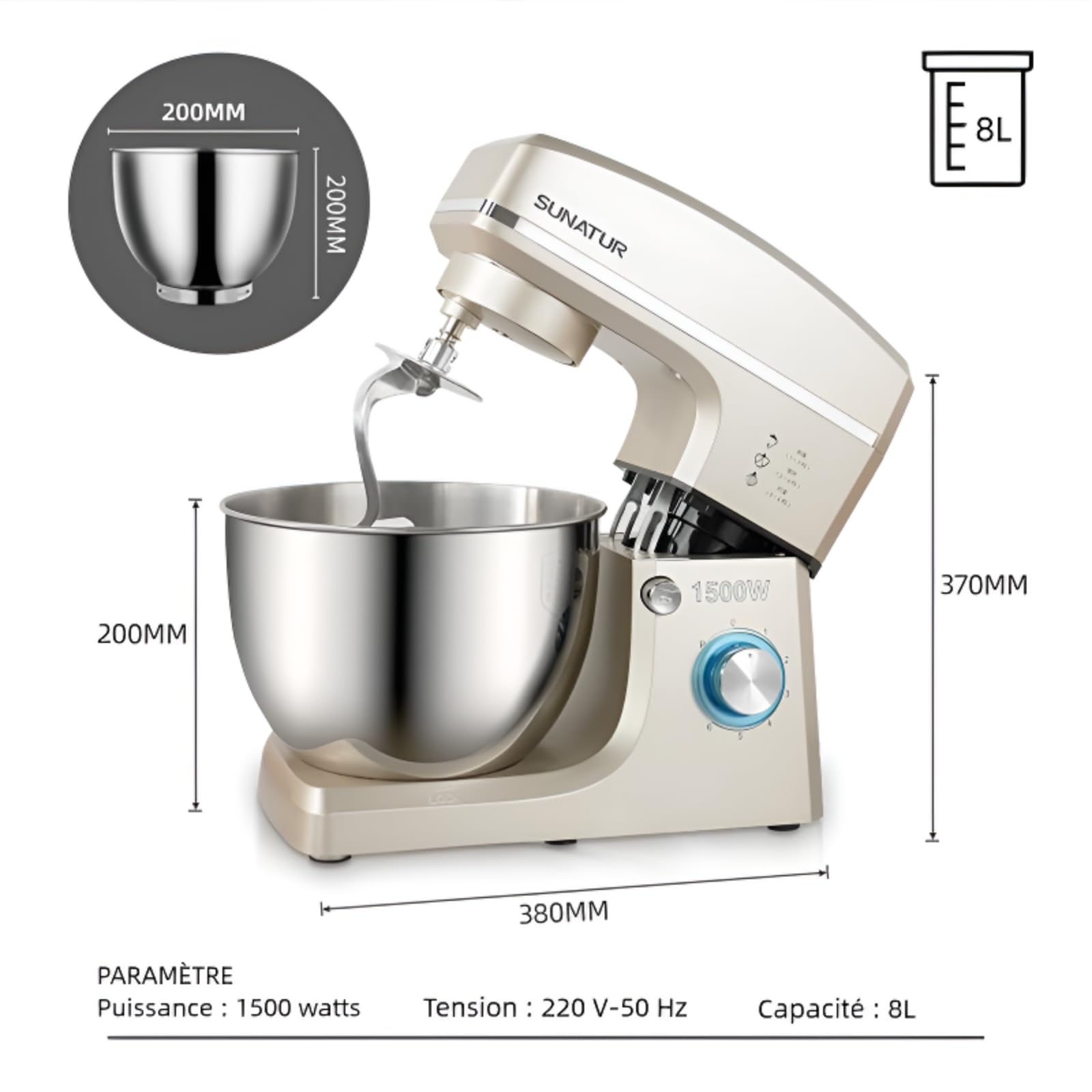 robot pâtissier, 8L, 1500W, 6 vitesses, batteur électrique de cuisine, tête de mixage inclinable et design antidérapant, bol de mixage en acier inoxydable. Livré avec 6 accessoires.