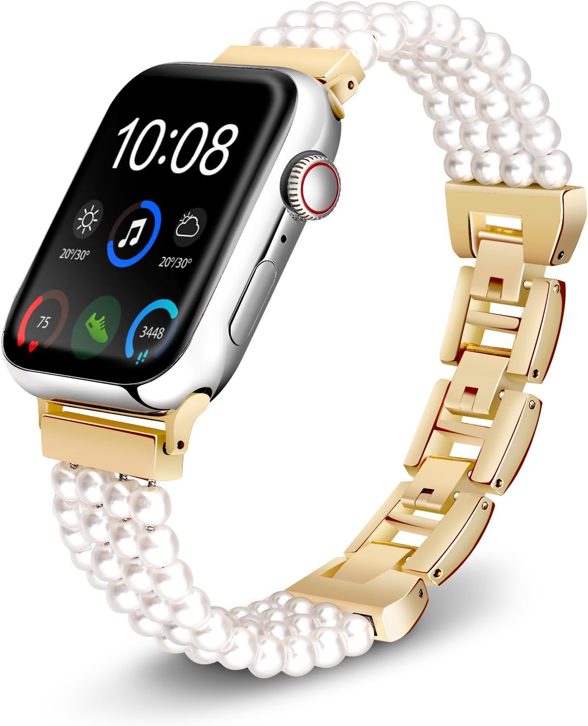 Pearl Bracelet Watch Band Compatible with Apple Watch Ultra SE Series 10 9 8 7 6 5 4 3 2 1, Stainless Steel Pearl Band for iWatch 38mm 40mm 41mm 42mm 44mm 45mm 49mm