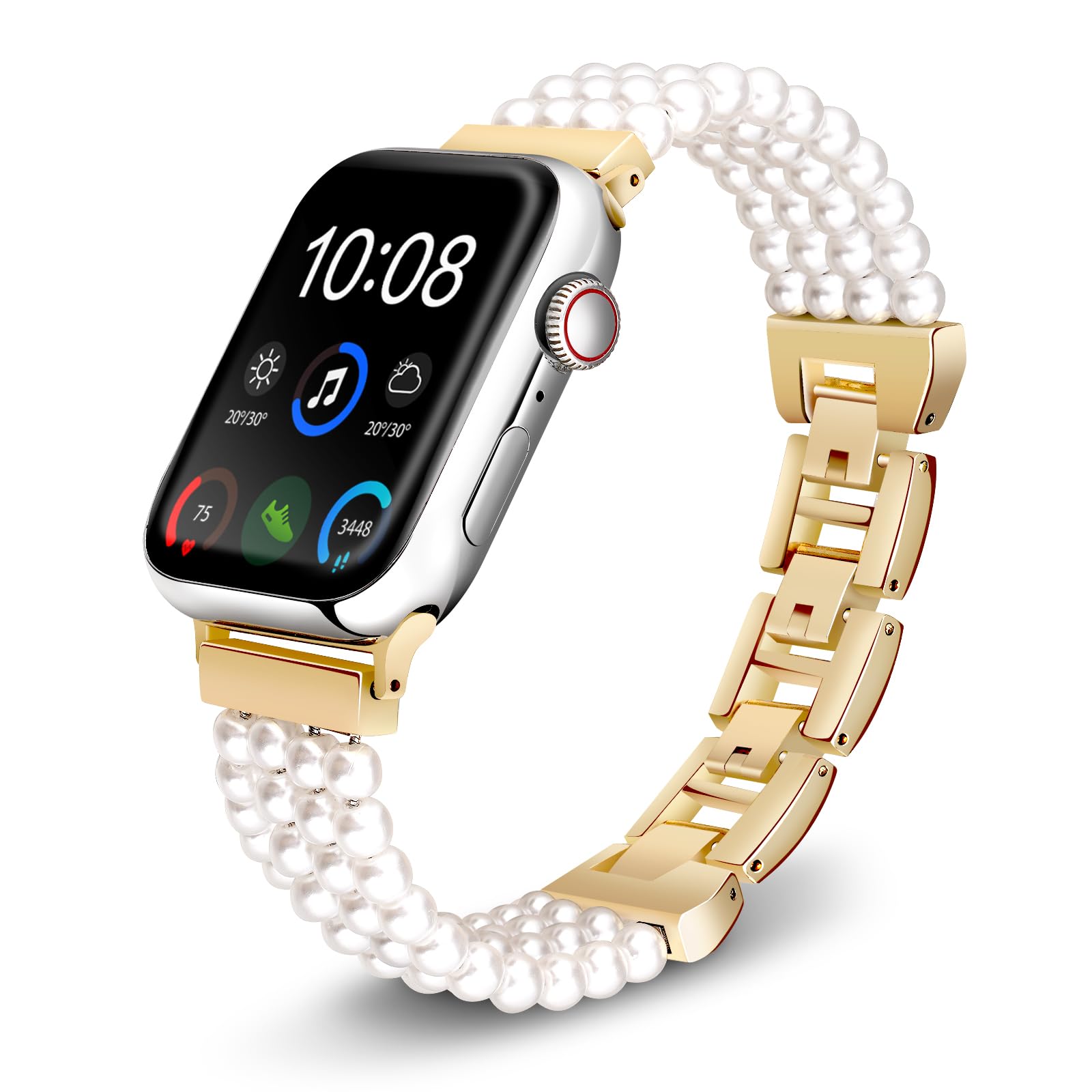 EVMTSE Pearl Bracelet Watch Band Compatible with Apple Watch Ultra SE Series 10 9 8 7 6 5 4 3 2 1, Stainless Steel Pearl Band for iWatch 38mm 40mm