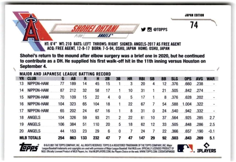 2021 Topps Japan Edition #74 SHOHEI OHTANI Los Angeles Angels Baseball Trading Card