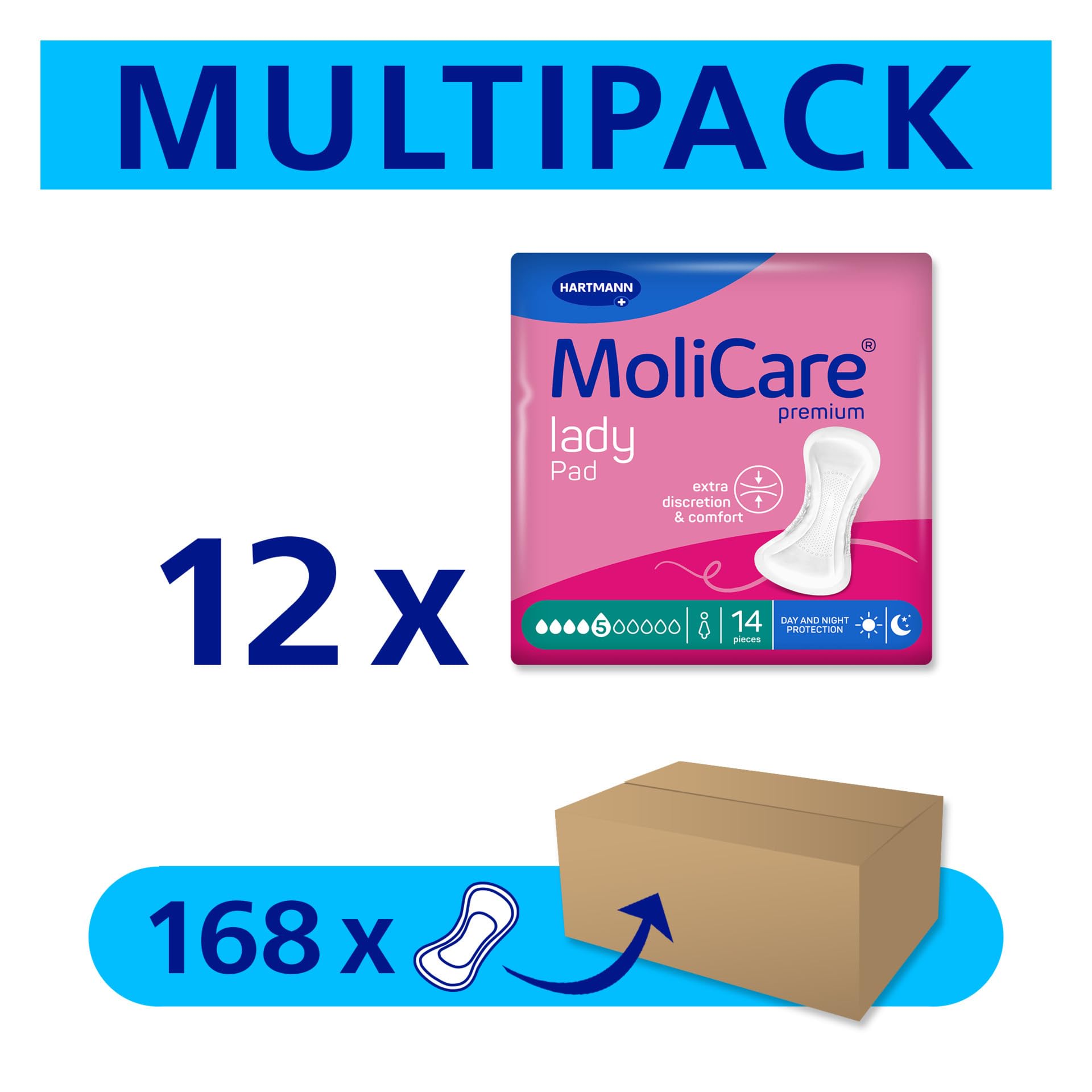 MoliCare lady Pad 5 gotas extra largas para mujeres con incontinencia moderada, protección nocturna, neutralizador de olores, protección avanzada de la piel, 168 unidades